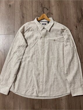 Linen Blend Shirt Long-Sleeve Button Down Beige